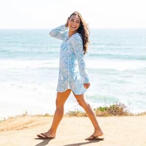 Charlie Holiday Coco Lace Up Swim Cover Up Dress Size 8Blue White Hooded Resort